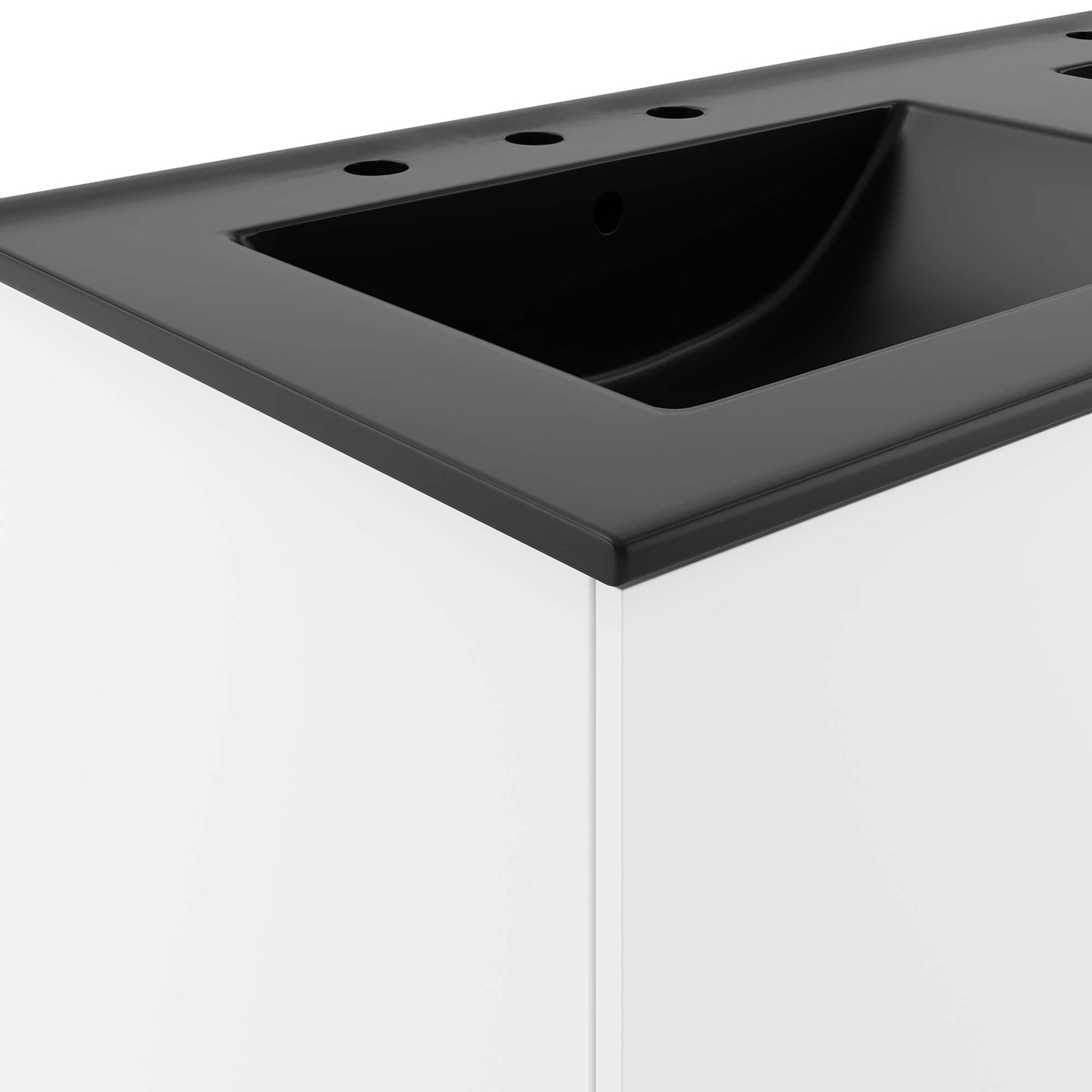 White bathroom vanity with charcoal gray countertop, two black sink basins, and three faucet holes.