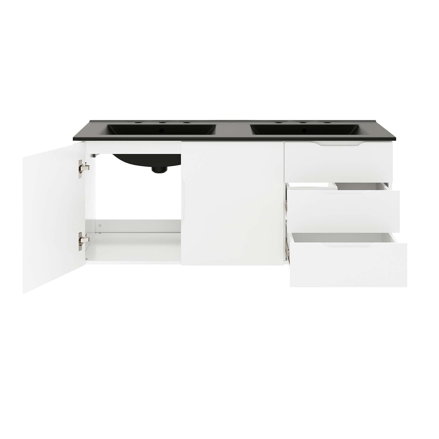 White modular bathroom vanity base cabinet with black countertop, double sink cutouts on top; left door open, right-side two drawers partially extended.