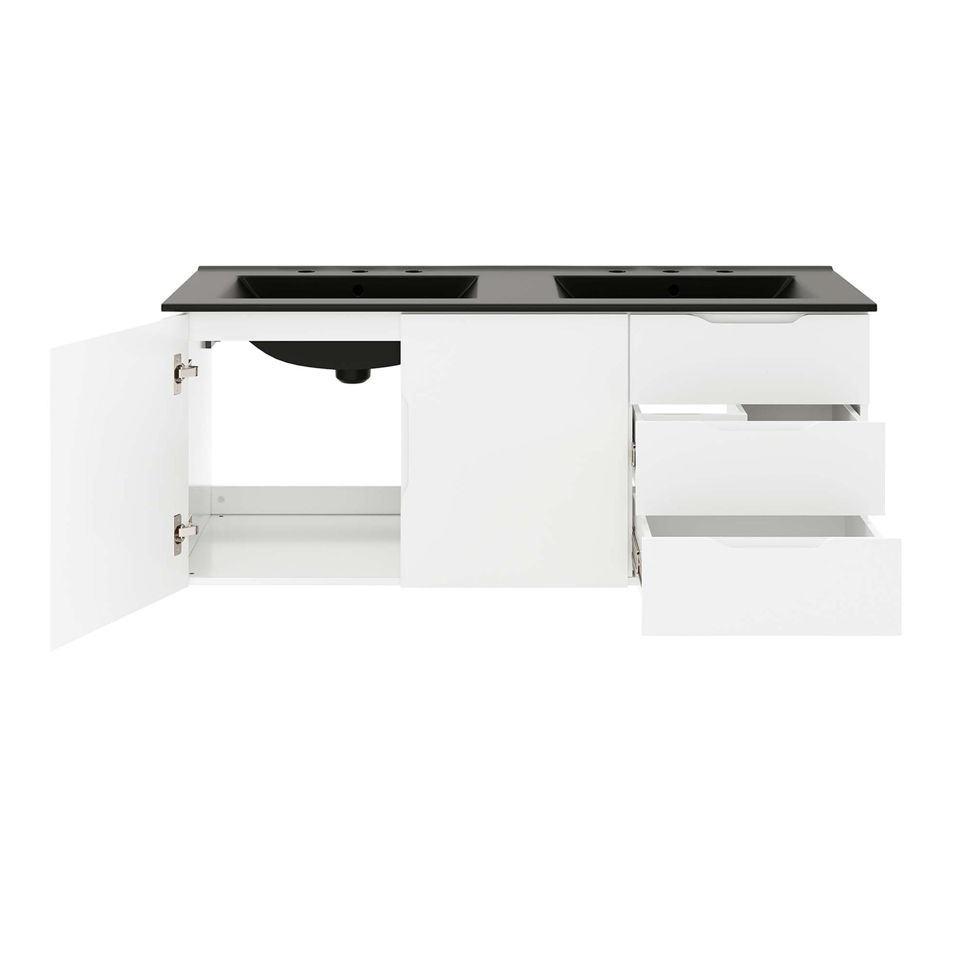 White modular bathroom vanity base cabinet with black countertop, double sink cutouts on top; left door open, right-side two drawers partially extended.