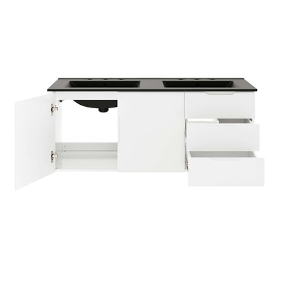 White modular bathroom vanity base cabinet with black countertop, double sink cutouts on top; left door open, right-side two drawers partially extended.
