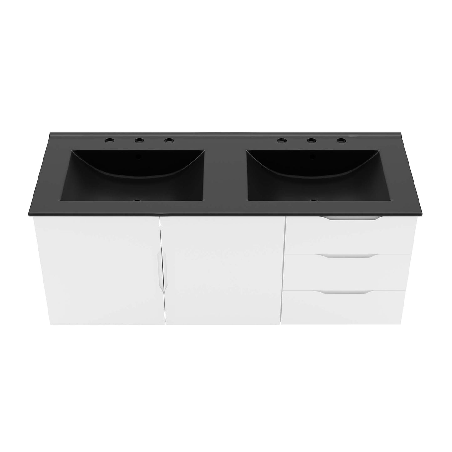 Black bathroom vanity with dual basins; cabinet with two doors and two drawers.