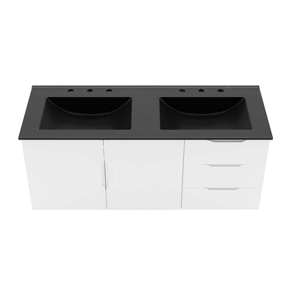 Black bathroom vanity with dual basins; cabinet with two doors and two drawers.