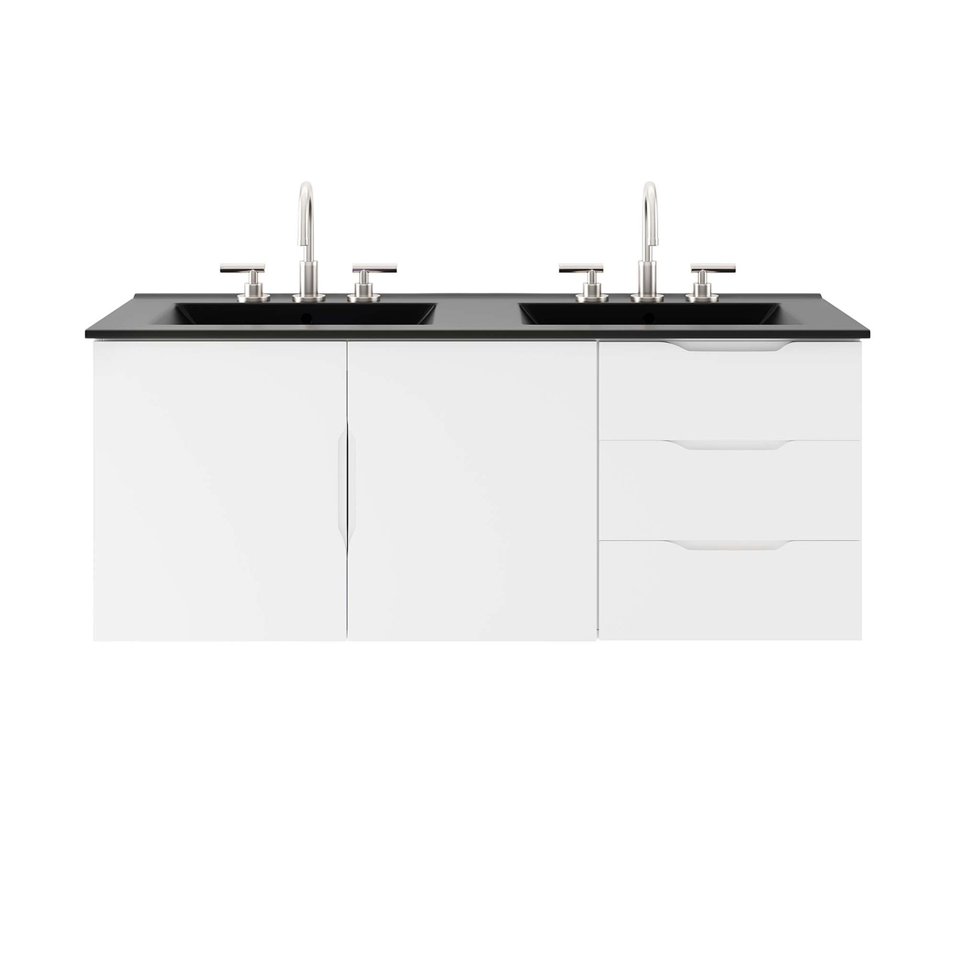 Black bathroom vanity with black countertop, double sinks, chrome faucets, two doors on the left and three drawers on the right.