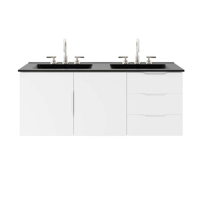 Black bathroom vanity with black countertop, double sinks, chrome faucets, two doors on the left and three drawers on the right.