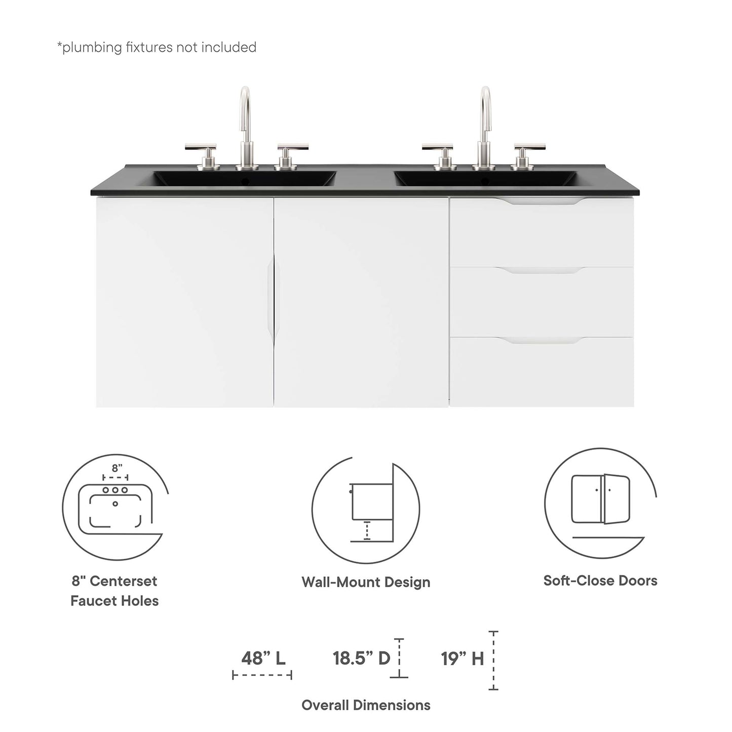 White 48-inch bathroom vanity with black countertop, dual sinks, white cabinet doors and soft-close drawers.