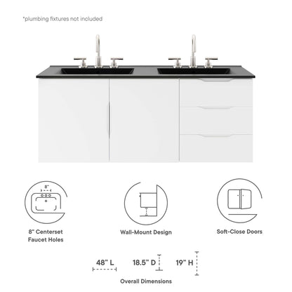 White 48-inch bathroom vanity with black countertop, dual sinks, white cabinet doors and soft-close drawers.