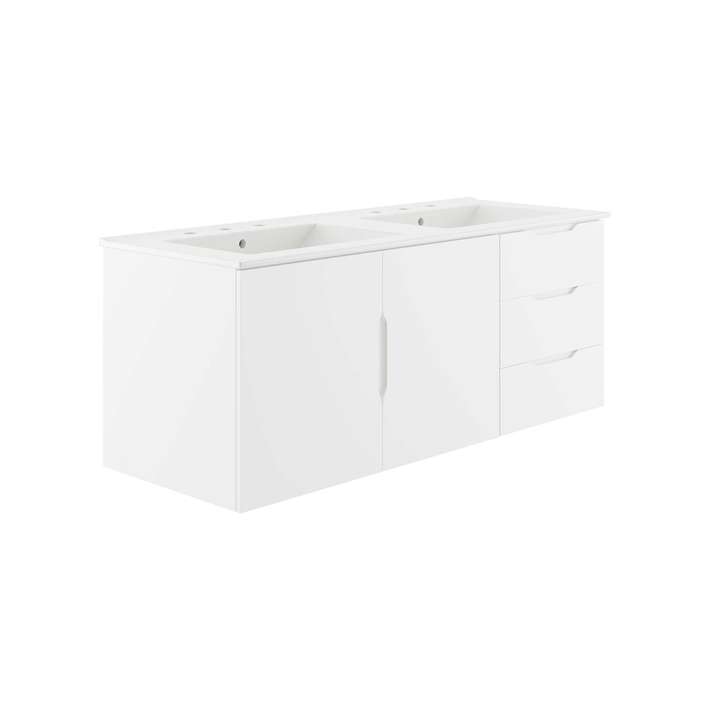 White double-sink bathroom vanity with dual basins, central cabinet doors, and right-side three drawers.