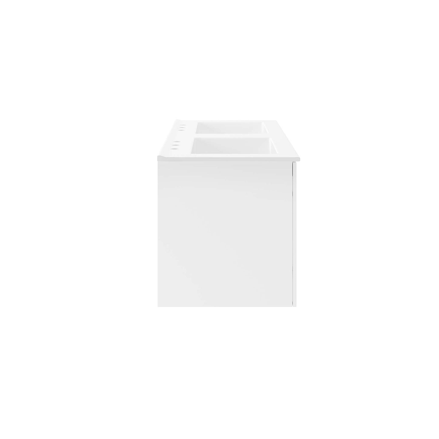 White minimalist bathroom vanity with two sinks and a smooth front panel, modern storage.