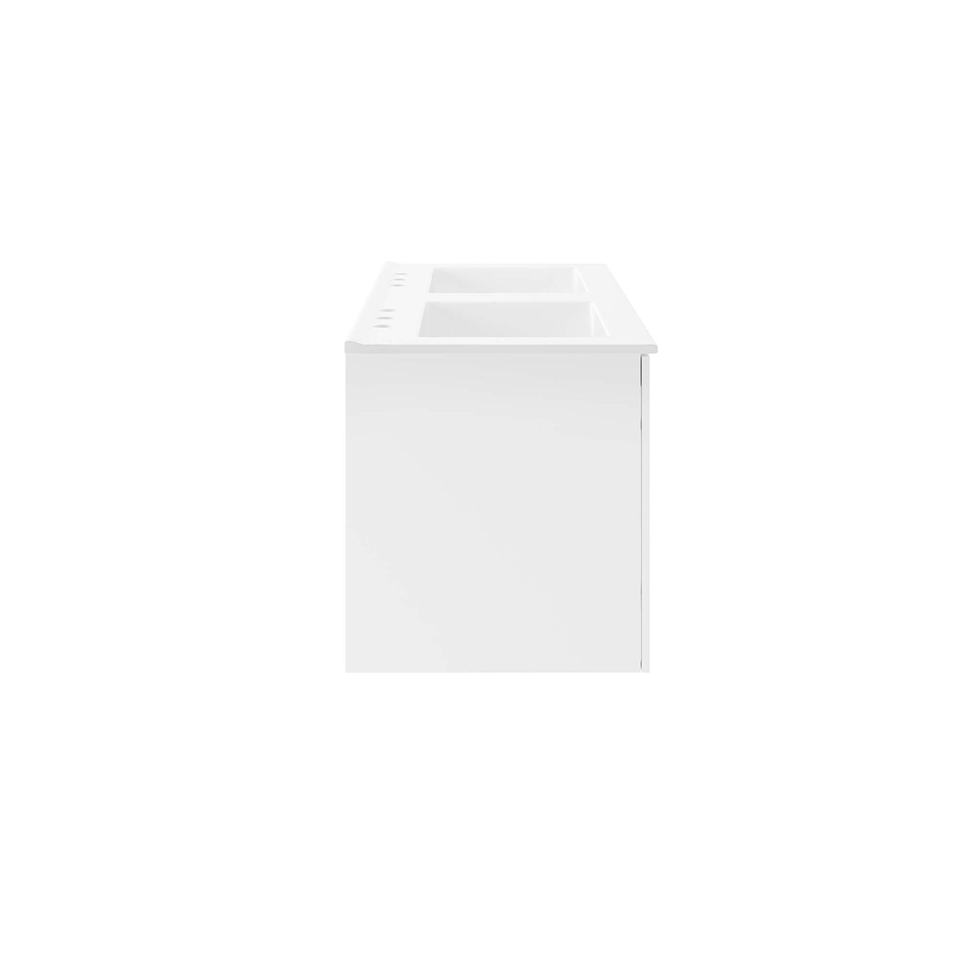 White minimalist bathroom vanity with two sinks and a smooth front panel, modern storage.