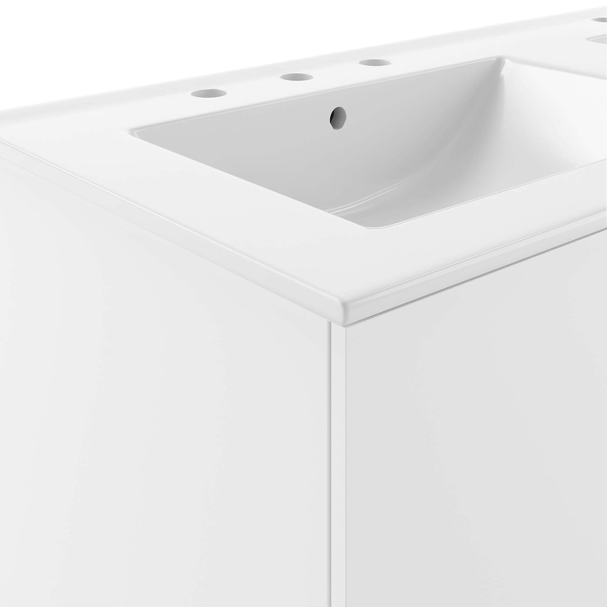 White bathroom vanity with double sinks and a smooth top, modern minimalist design.
