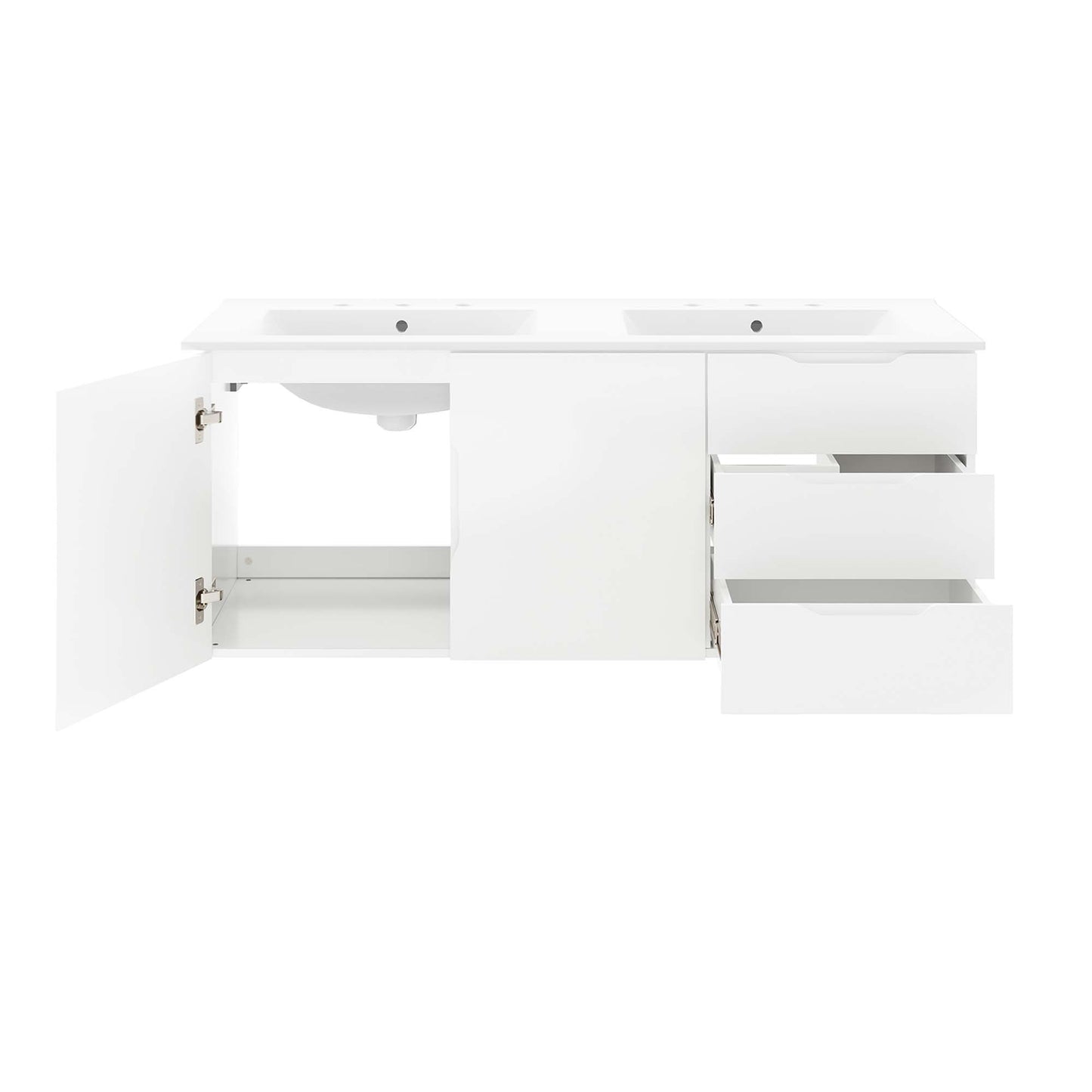 White double-sink bathroom vanity with two basins, left cabinet door open and right-side drawers open.