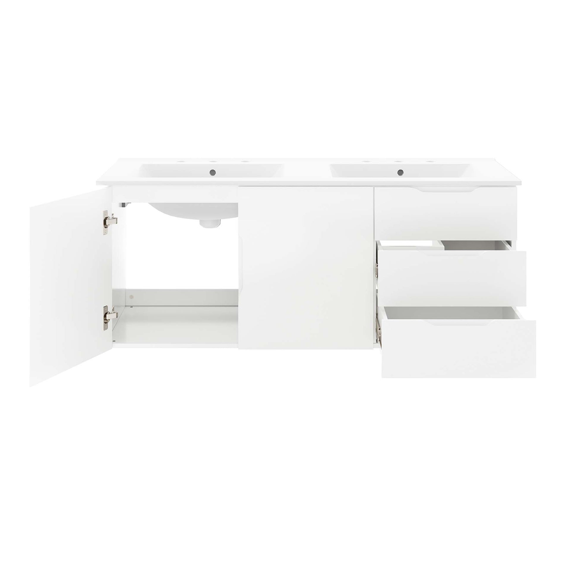 White double-sink bathroom vanity with two basins, left cabinet door open and right-side drawers open.