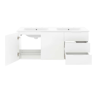 White double-sink bathroom vanity with two basins, left cabinet door open and right-side drawers open.