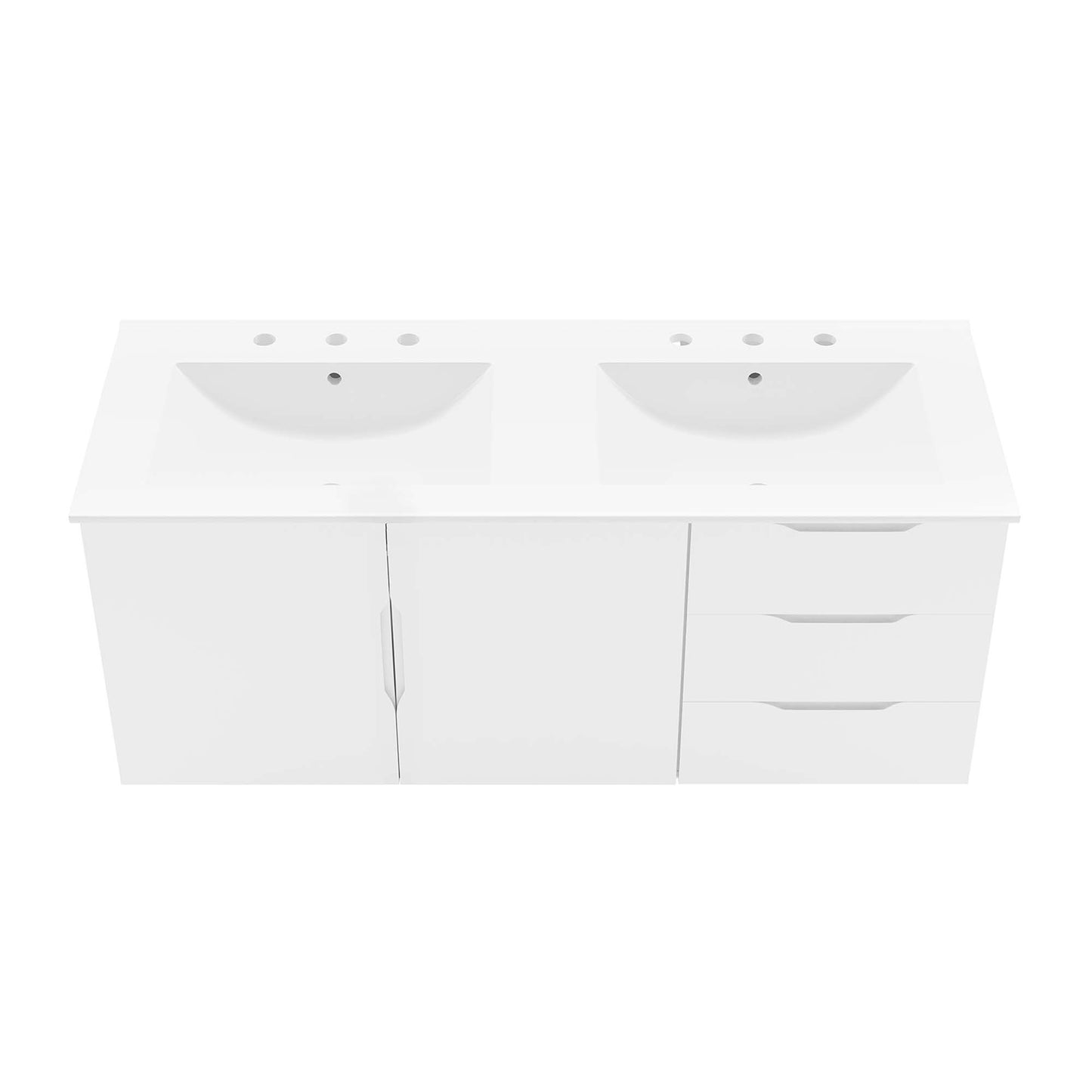 White double-basin bathroom vanity with two sinks, left cabinet doors & right three-drawer unit, modern design.