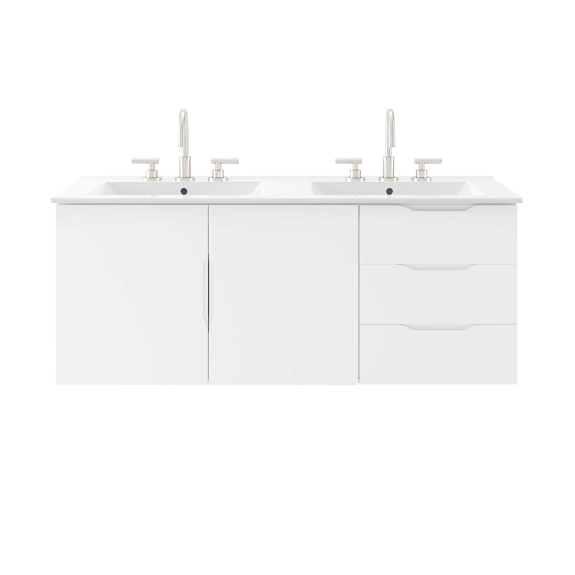 White dual-sink bathroom vanity with chrome faucets; left double-door cabinet, right two-drawer unit.
