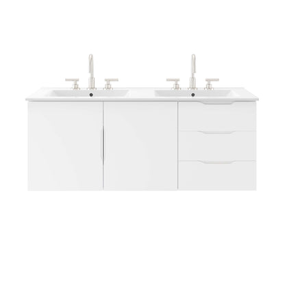 White dual-sink bathroom vanity with chrome faucets; left double-door cabinet, right two-drawer unit.