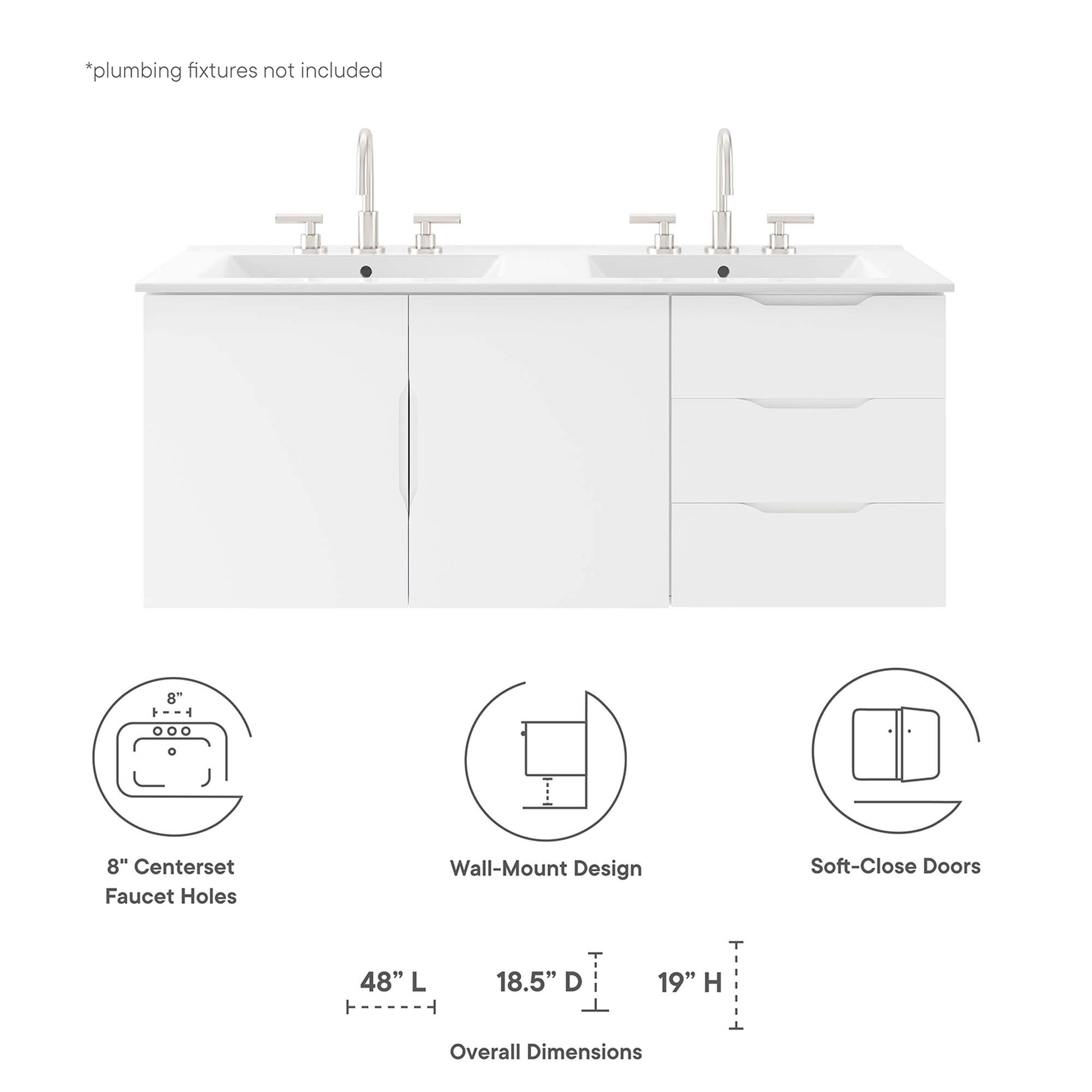 White double-sink bathroom vanity with three doors and two drawers, wall-mount design, soft-close doors, 48" L