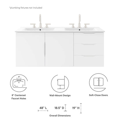 White double-sink bathroom vanity with three doors and two drawers, wall-mount design, soft-close doors, 48" L
