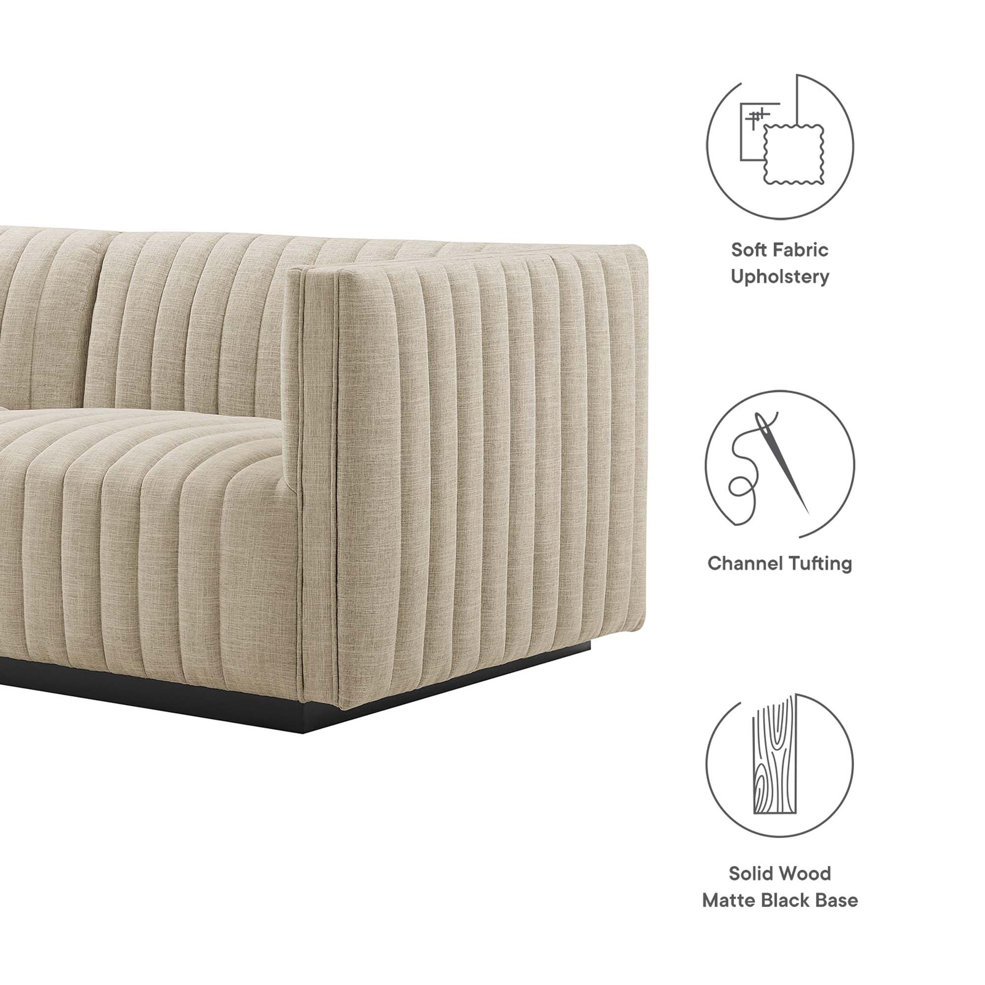 Brown soft-fabric channel-tufted sofa with a matte black solid wood base.