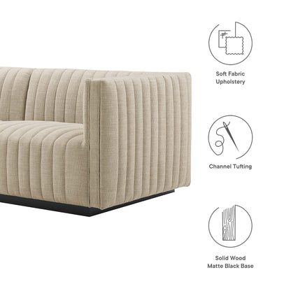 Brown soft-fabric channel-tufted sofa with a matte black solid wood base.