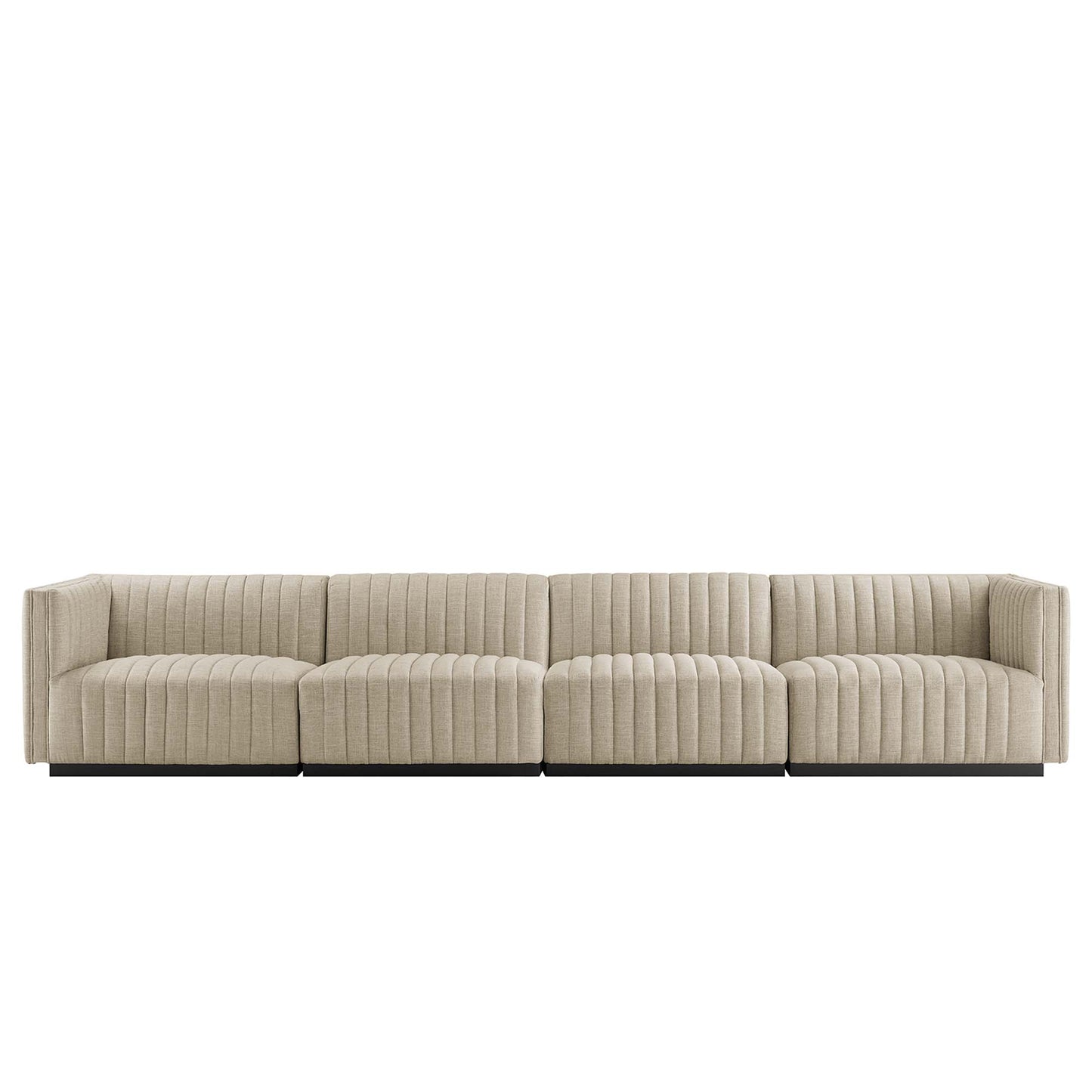Beige fabric 4-piece sofa with vertical channel tufting and dark legs for living room.