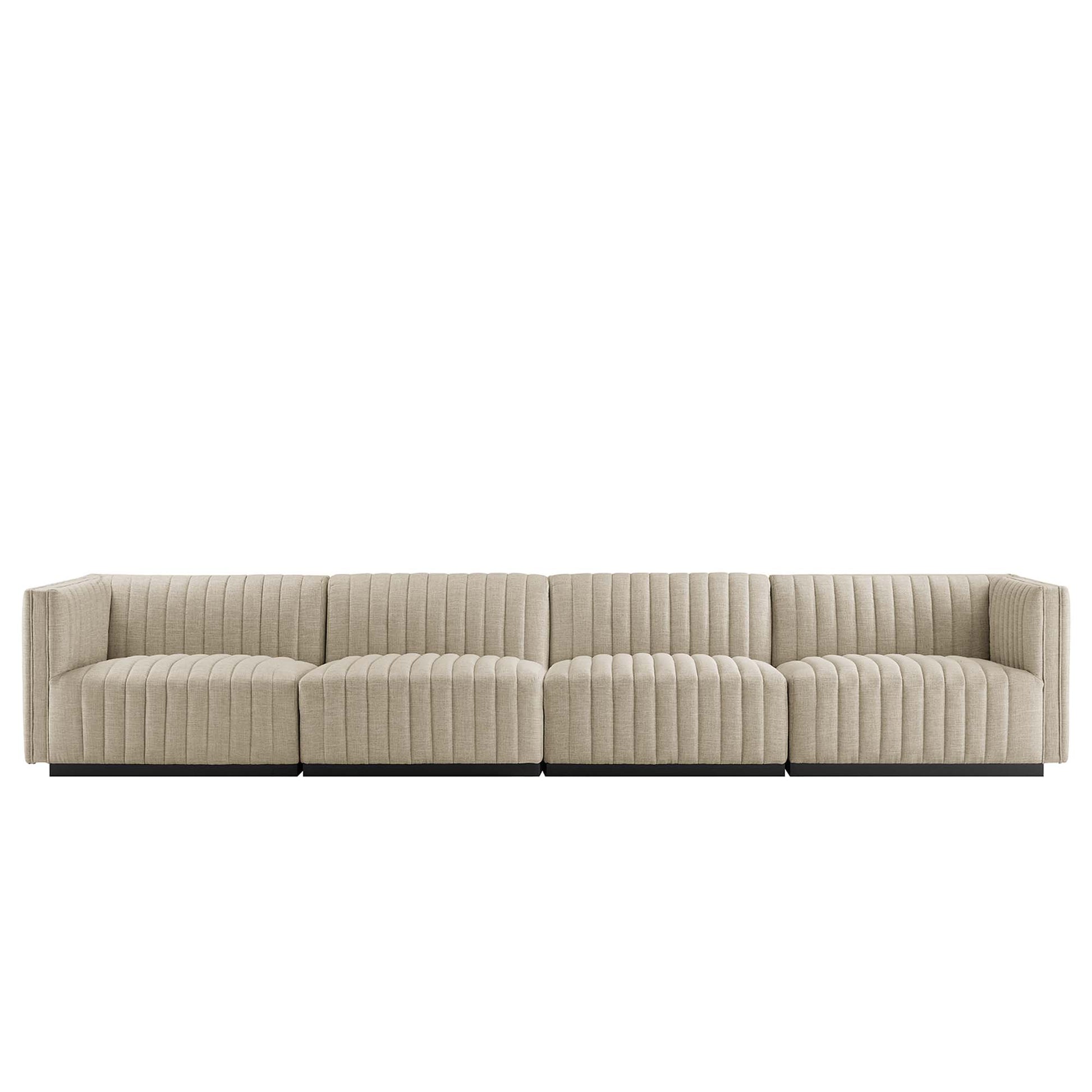 Beige fabric 4-piece sofa with vertical channel tufting and dark legs for living room.