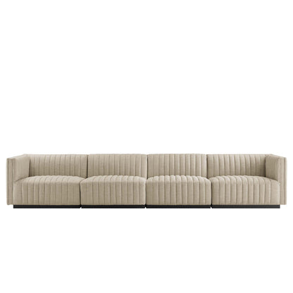 Beige fabric 4-piece sofa with vertical channel tufting and dark legs for living room.