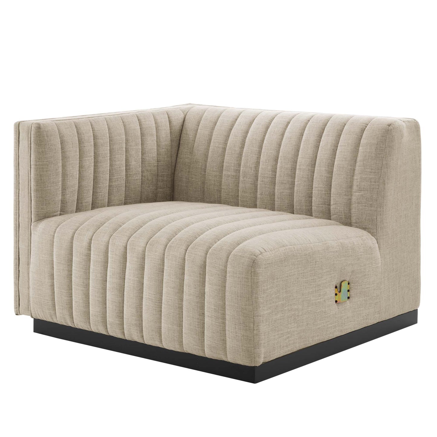 Brown upholstered fabric modular sofa (4-piece) with vertical channel tufting and a black base.