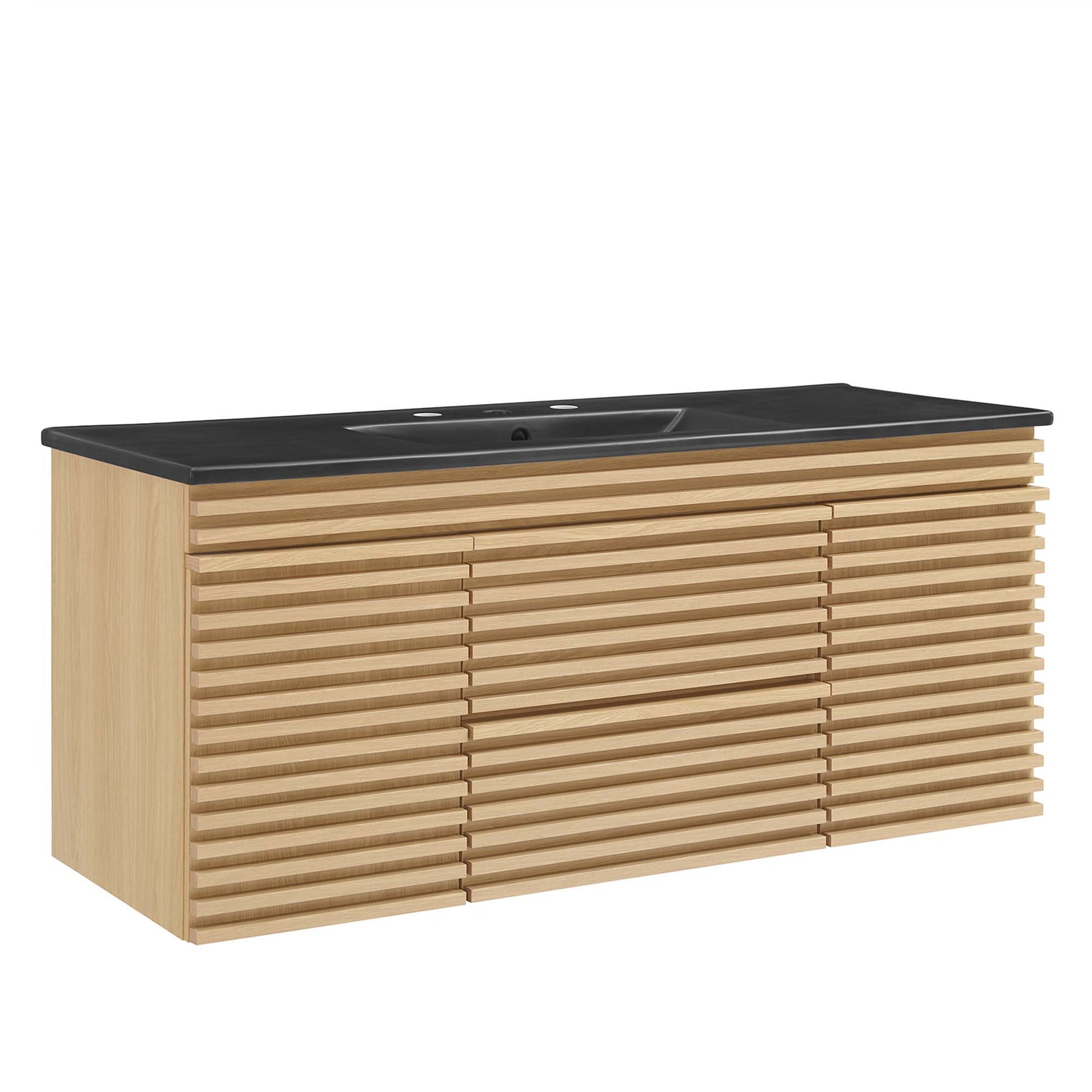 Oak wood wall-mounted bathroom vanity with horizontal slatted doors, black countertop and integrated sink, modern storage.