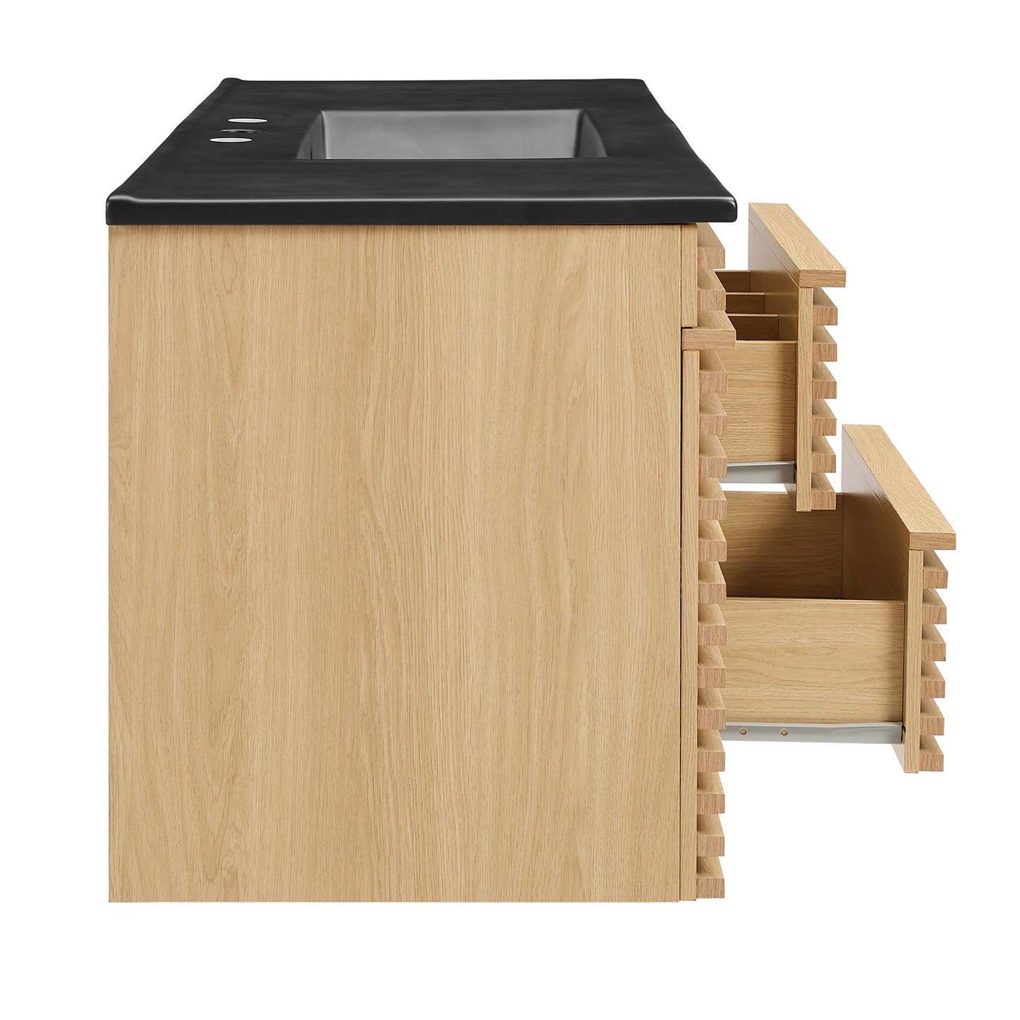 Oak wood vanity with black top, recessed bin area, and two side pull-out drawers.
