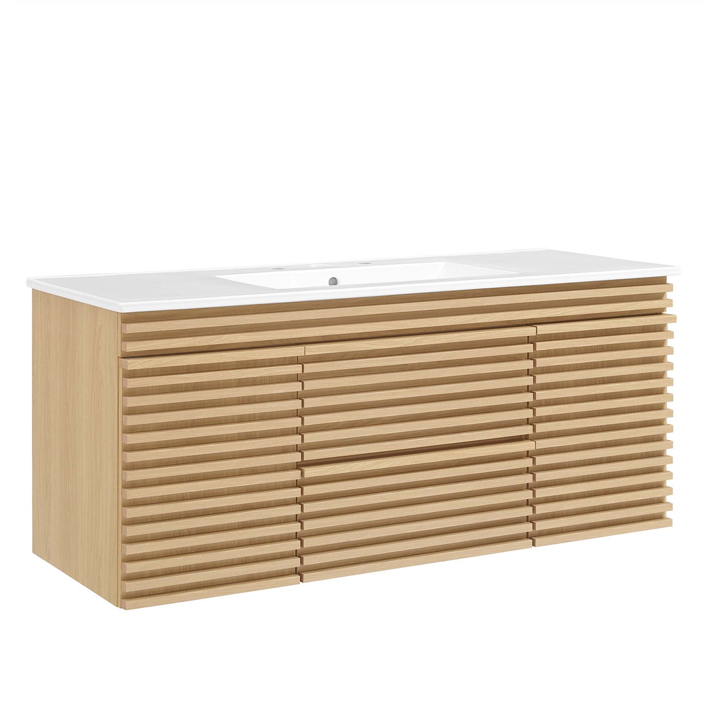 Oak wall-mount bathroom vanity with white countertop and integrated sink, 48" wide, featuring horizontal slatted front panels.