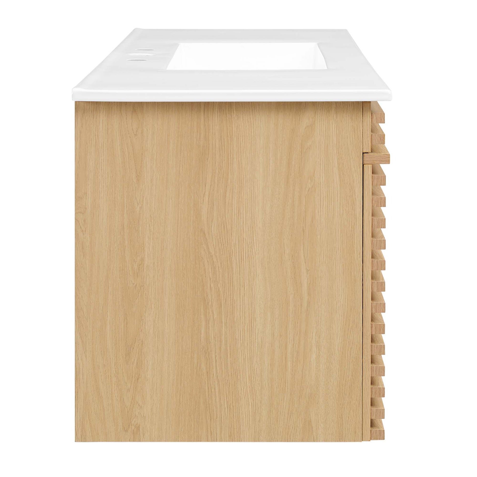 Oak vanity base with white countertop and rectangular sink cutout; right-side wooden slat detail.