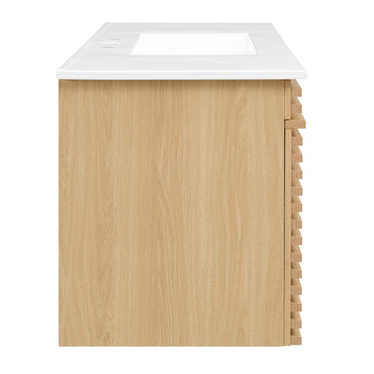 Oak vanity base with white countertop and rectangular sink cutout; right-side wooden slat detail.