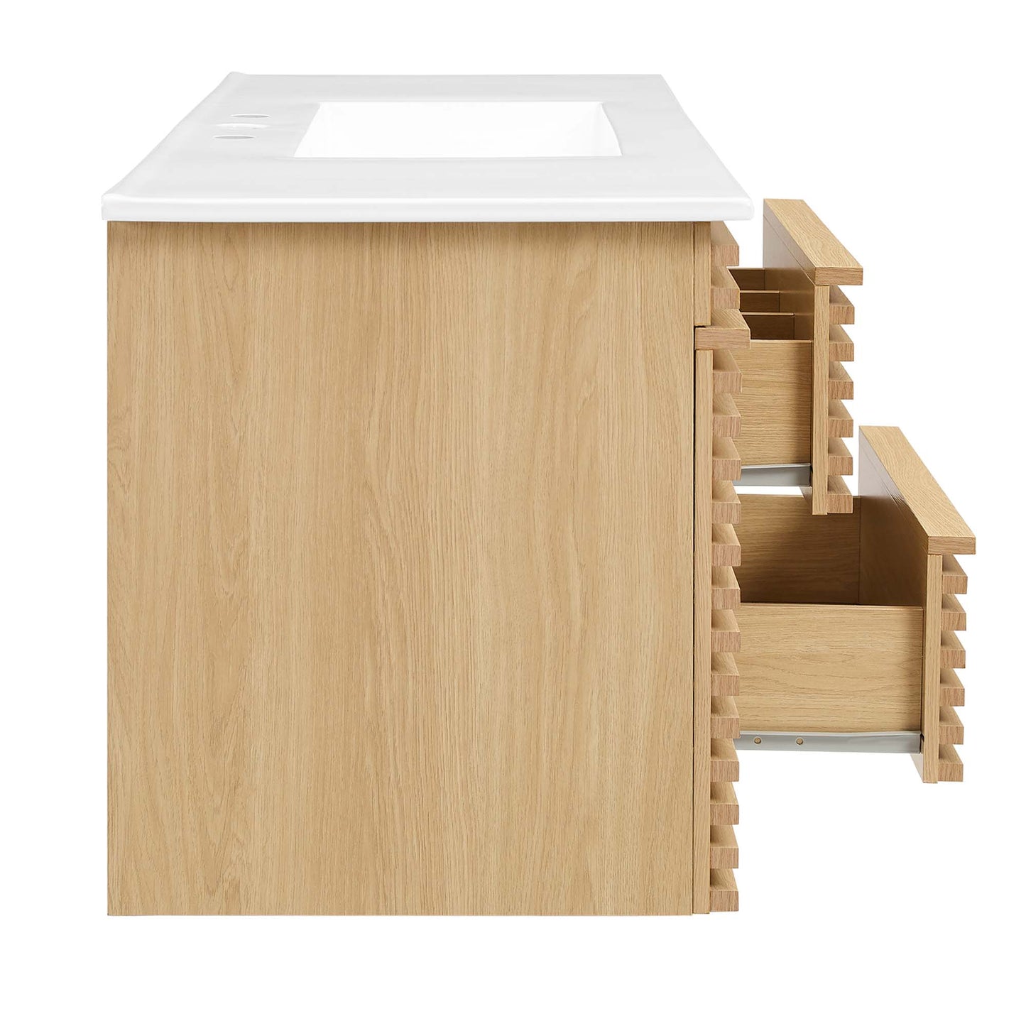 Oak veneer vanity base with white top and sink cutout; right side features stacked open-slatted pull-out drawers.