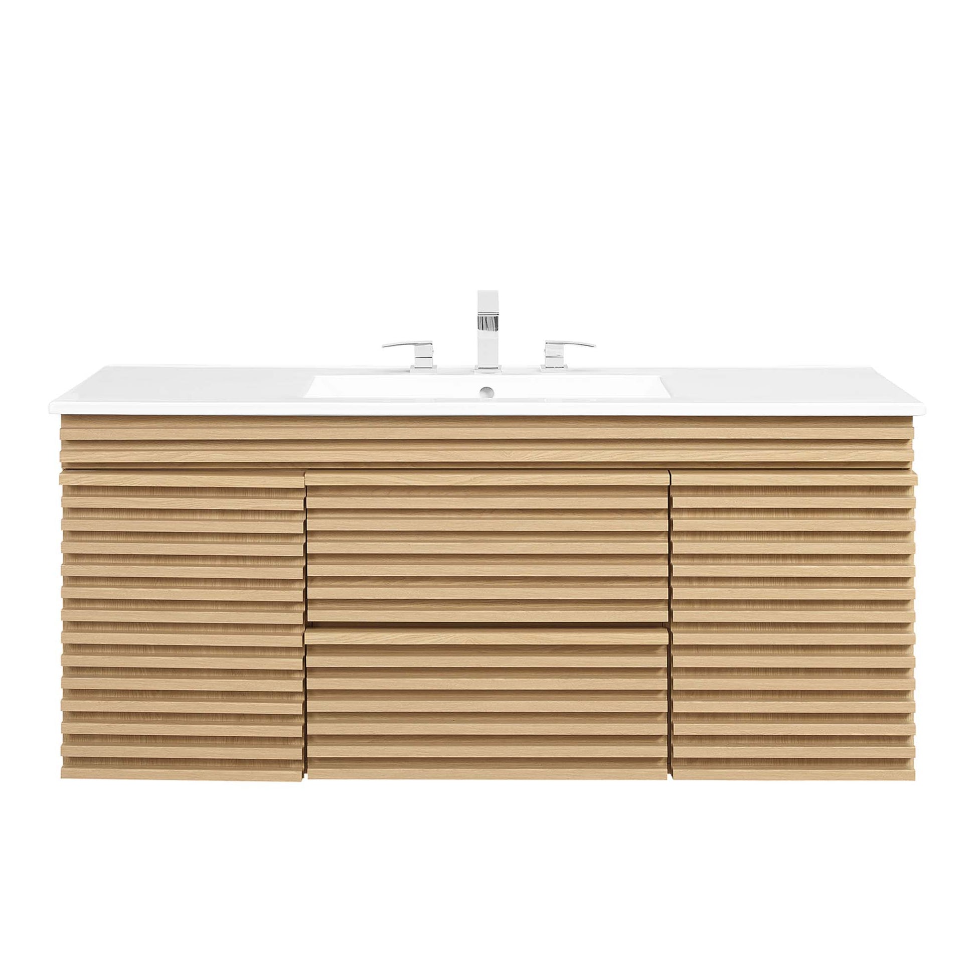 Oak slatted wood wall-mounted bathroom vanity with white countertop and chrome faucet.