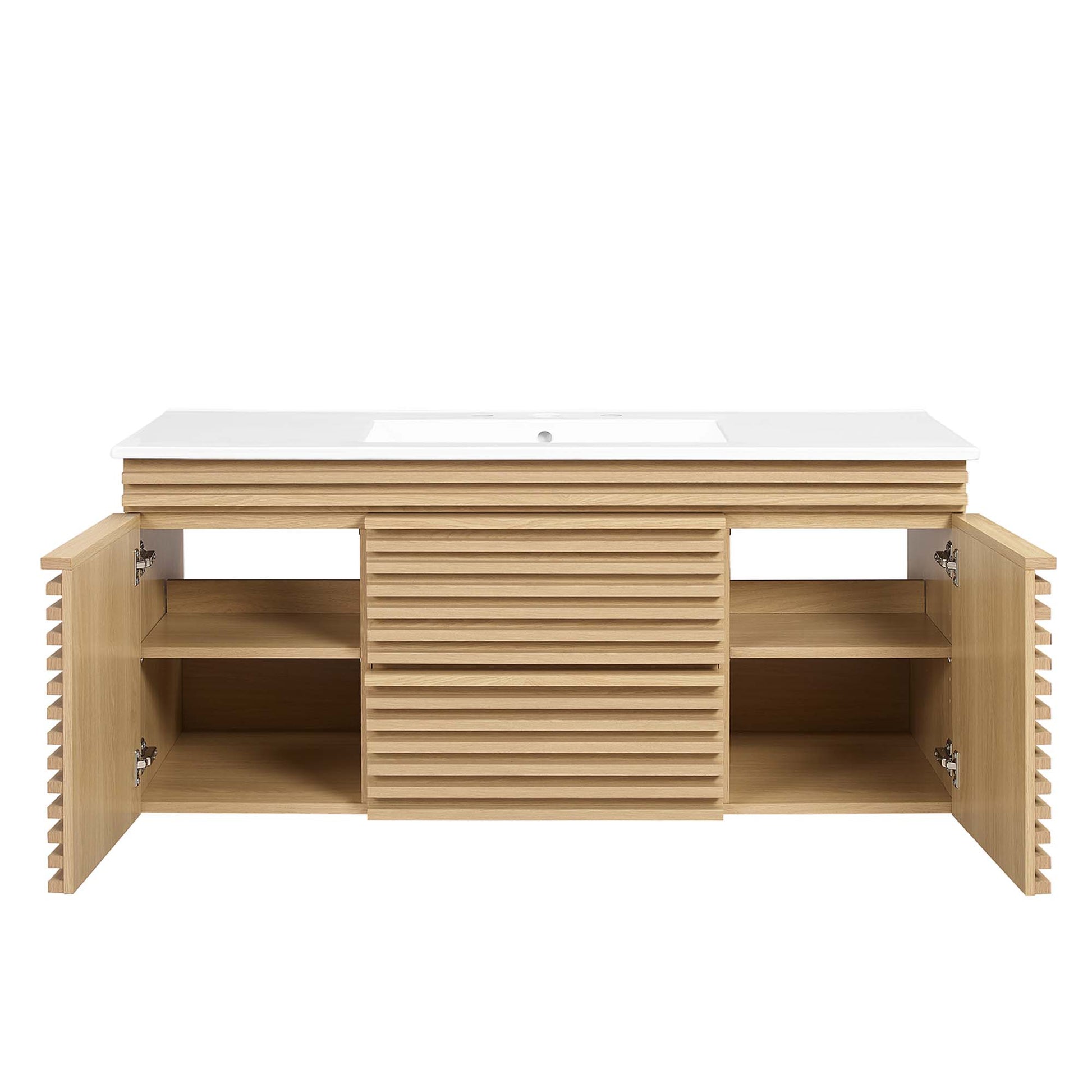 White bathroom vanity with white top, slatted central facade, and left/right cabinet doors with shelves.