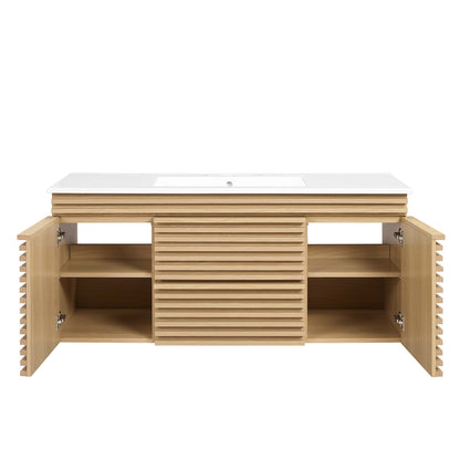 White bathroom vanity with white top, slatted central facade, and left/right cabinet doors with shelves.