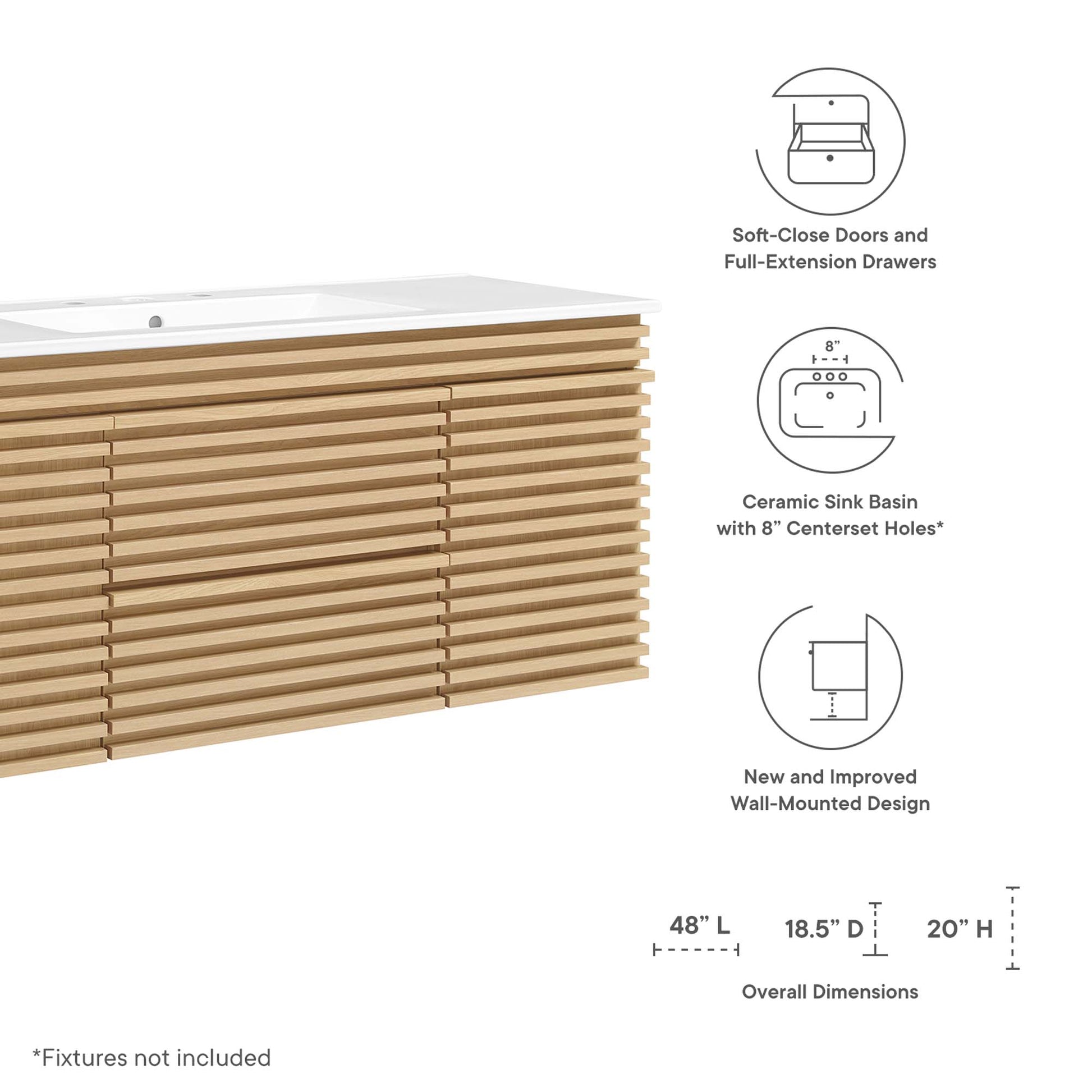 White vanity with white countertop and slatted front, ceramic sink basin, soft-close doors and full-extension drawers.