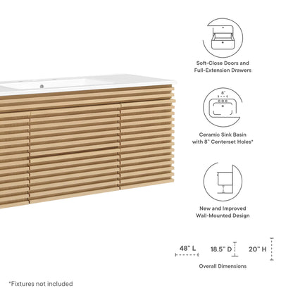 White vanity with white countertop and slatted front, ceramic sink basin, soft-close doors and full-extension drawers.