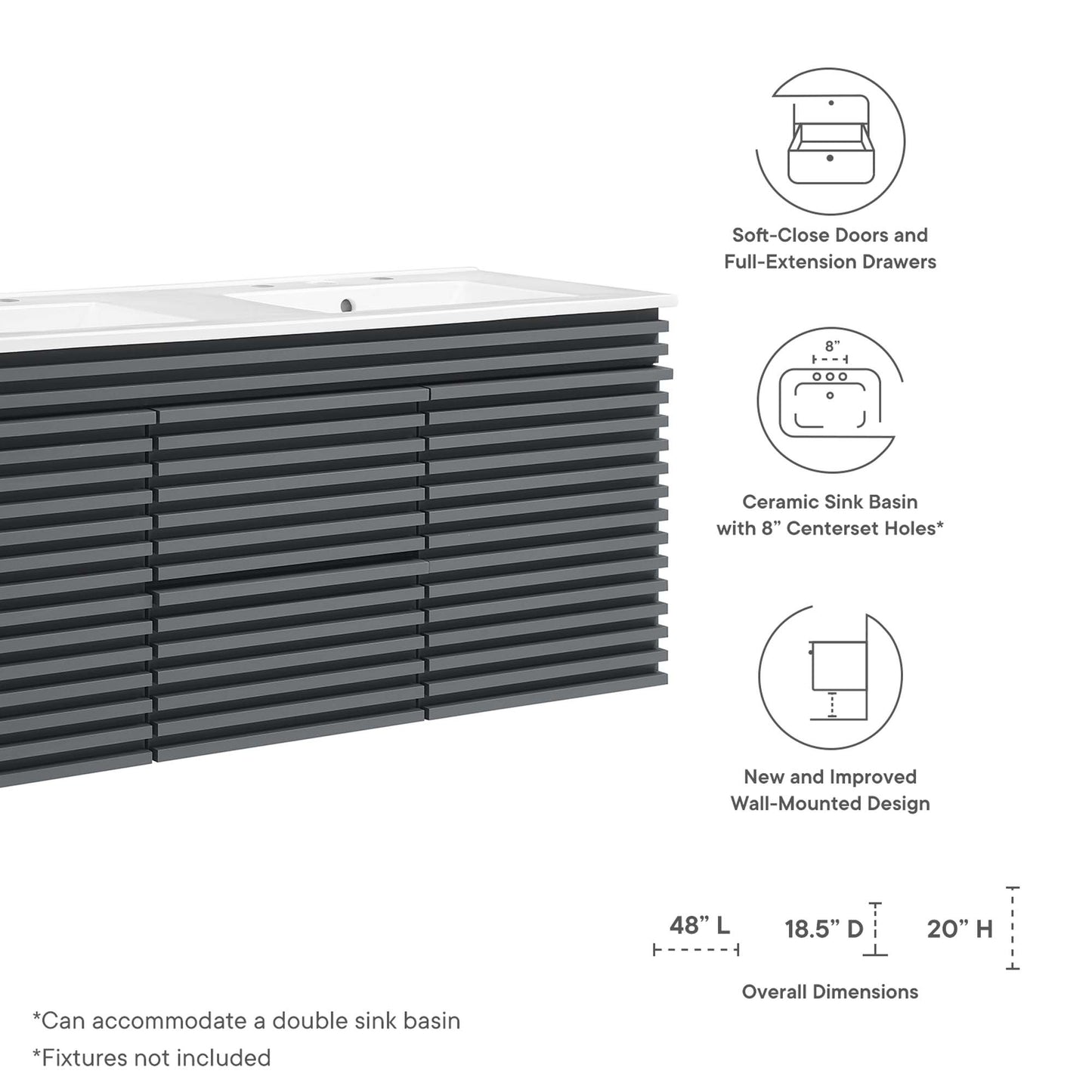 Modway Outlet Render 48" Wall-Mount Bathroom Vanity by Modway  Bathroom Furniture Gray White - EEI-5802-GRY-WHI