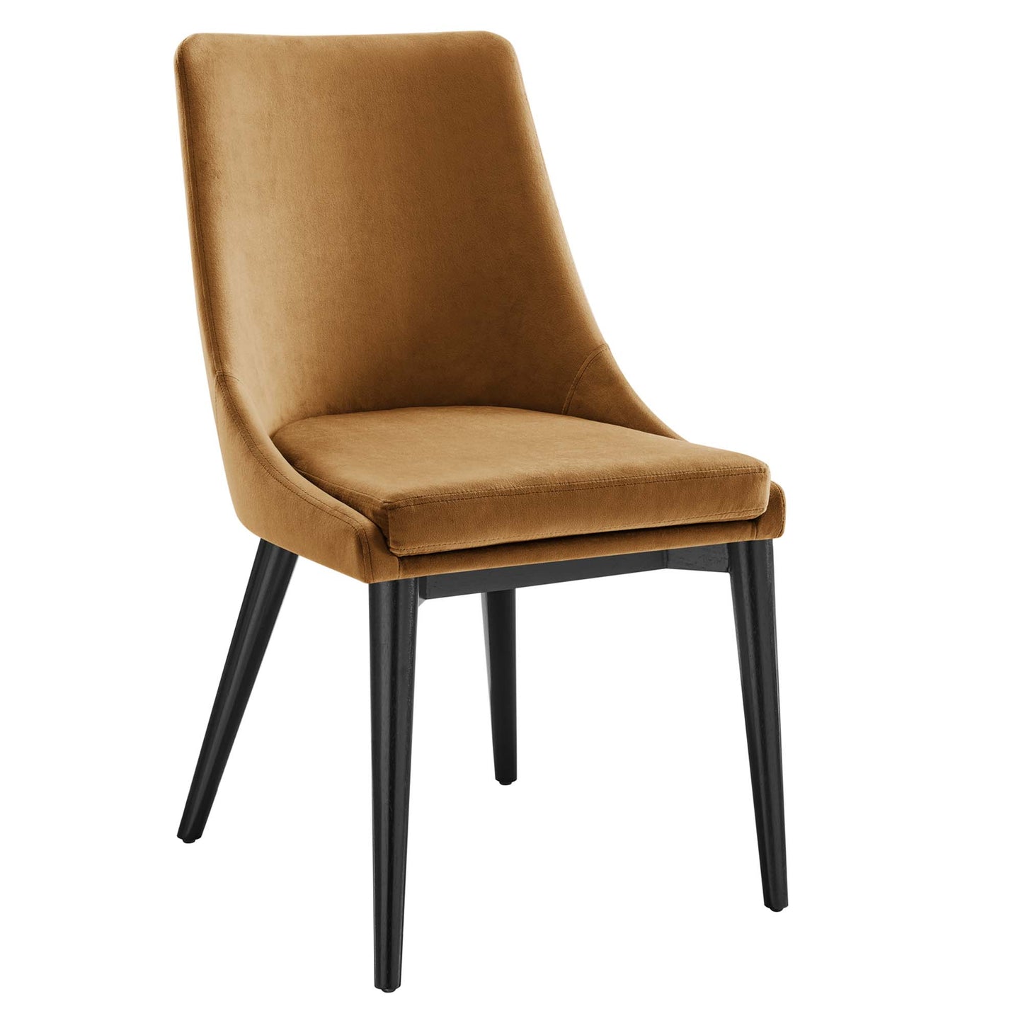Cognac velvet dining chairs with tall curved backs and black tapered legs, set of 2.