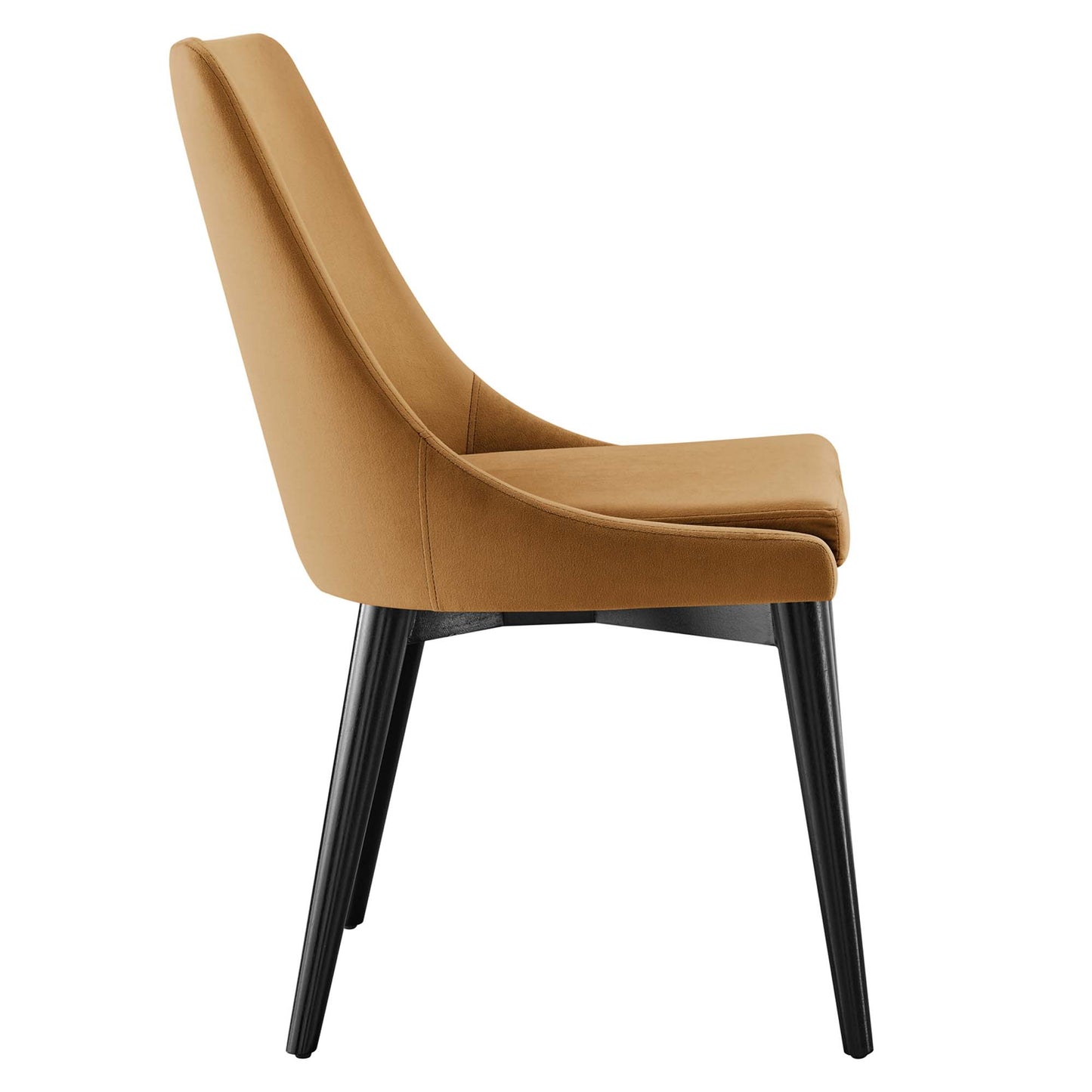 Cognac velvet dining chairs, set of 2, with curved high backs and black tapered legs.