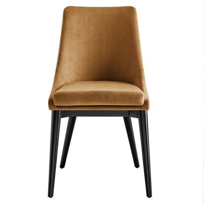 Brown velvet dining chairs set of 2 with high back, cushioned seats, and black angled metal legs.