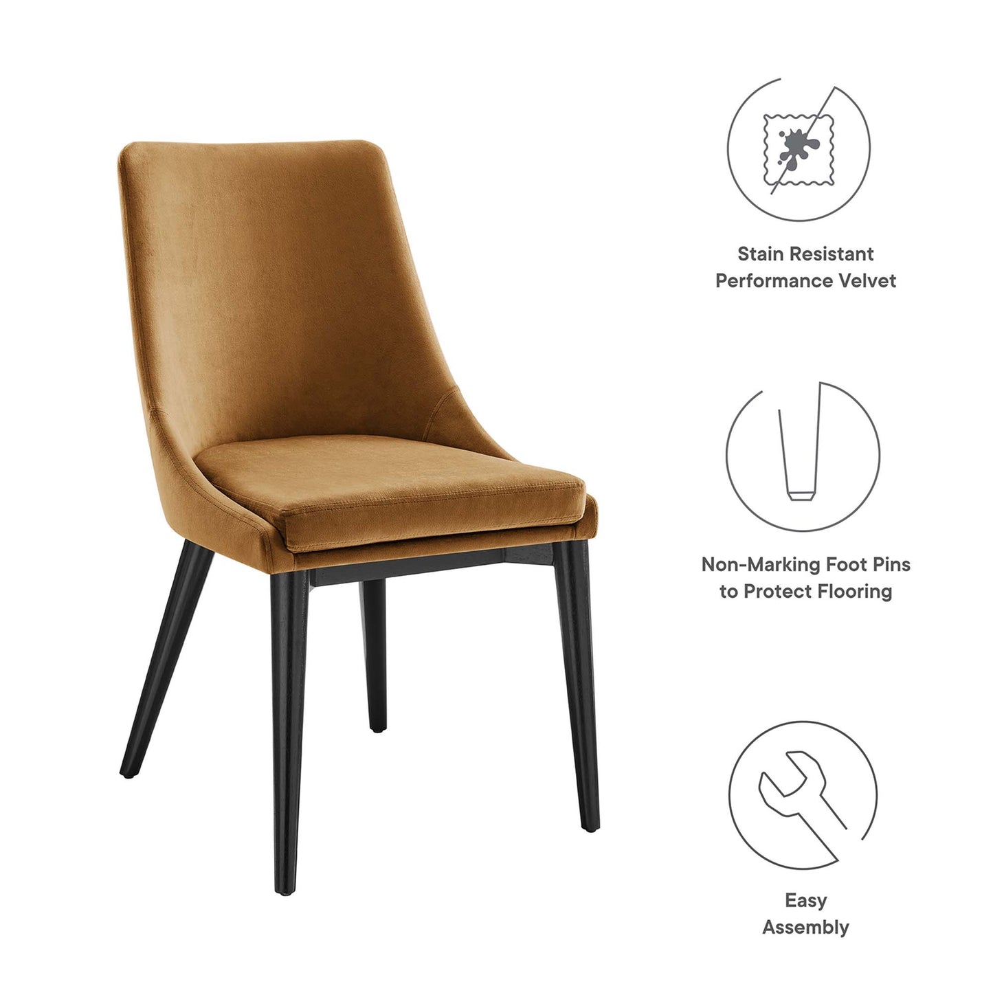 Brown stain-resistant velvet dining chairs with curved backs, padded seats, and black tapered legs; set of 2.