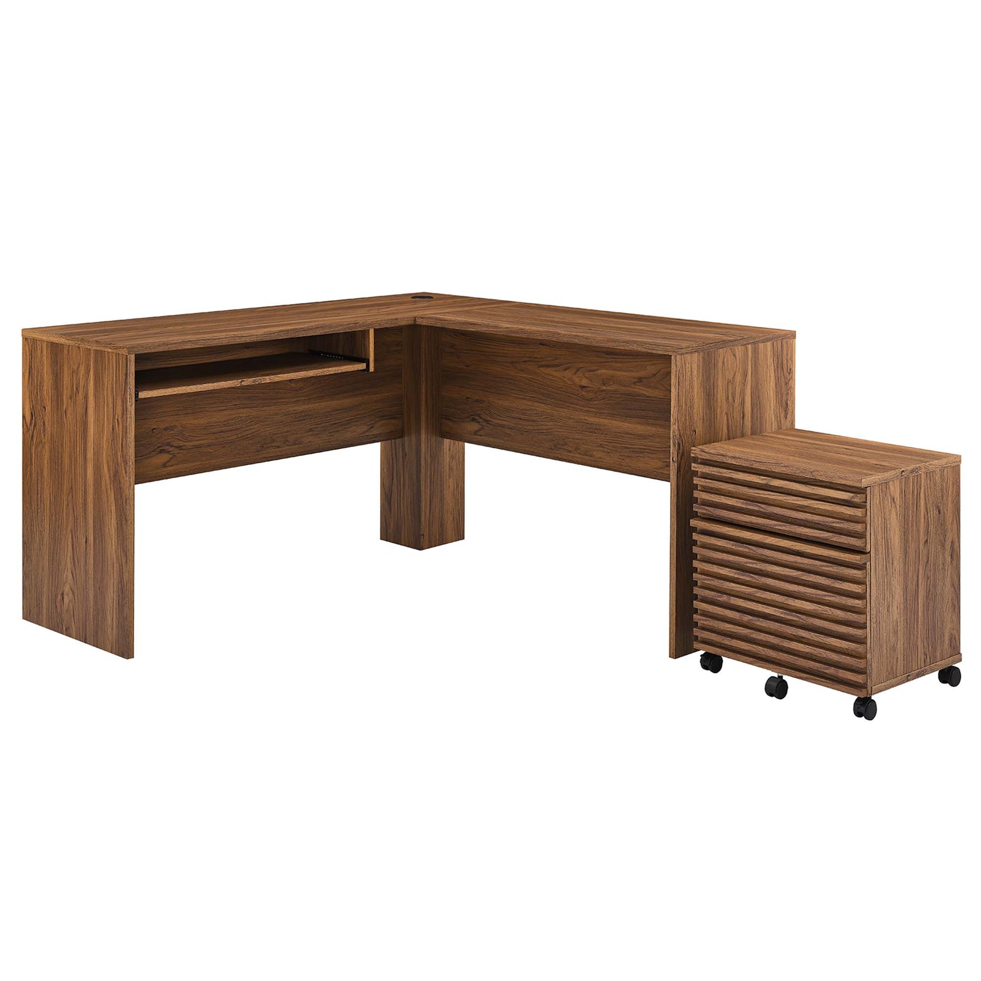 Walnut L-shaped desk with pull-out keyboard tray and open storage, plus a matching slatted mobile cabinet on wheels.