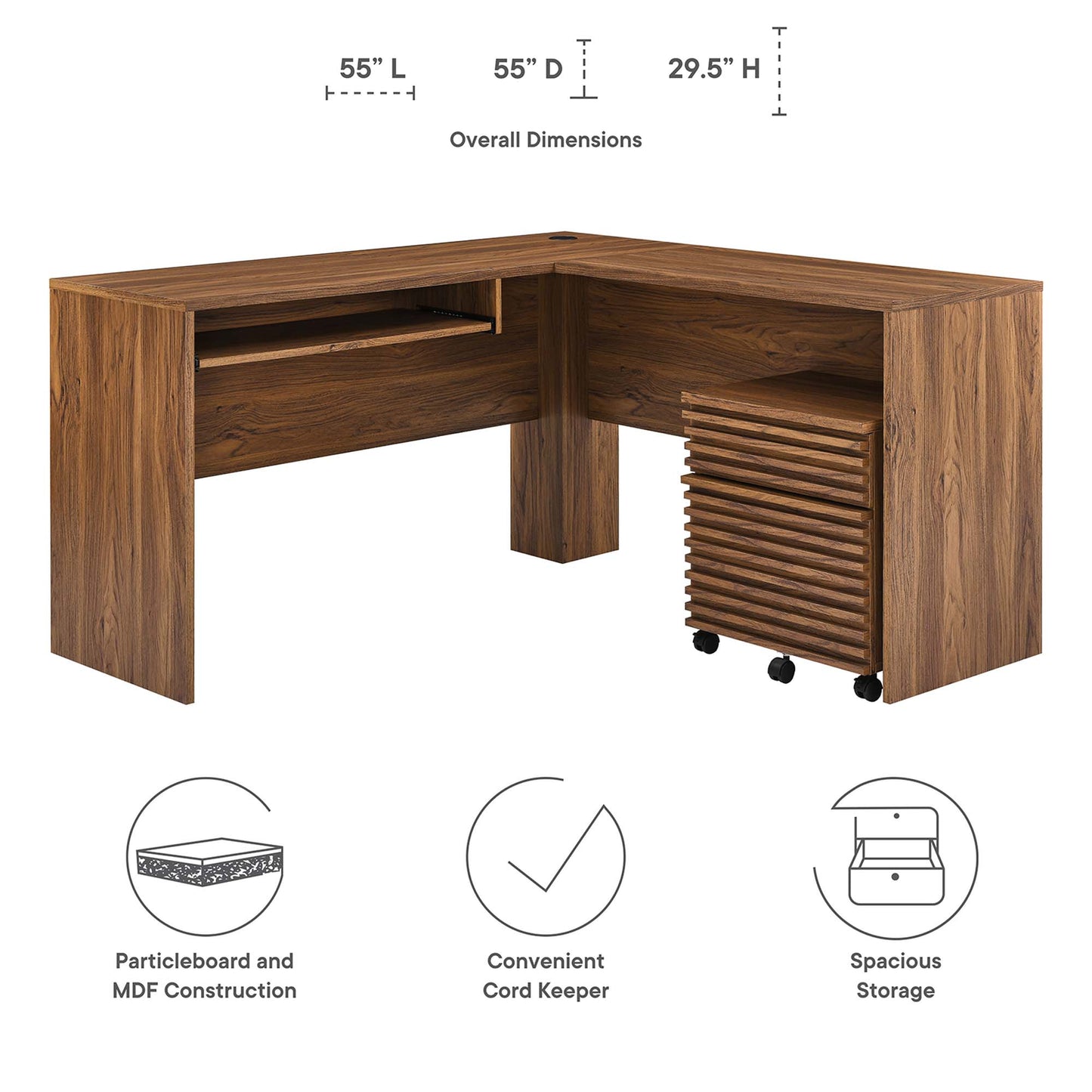 Brown finish L-shaped desk with left drawer and right rolling slatted file cabinet; particleboard/MDF, cord keeper.