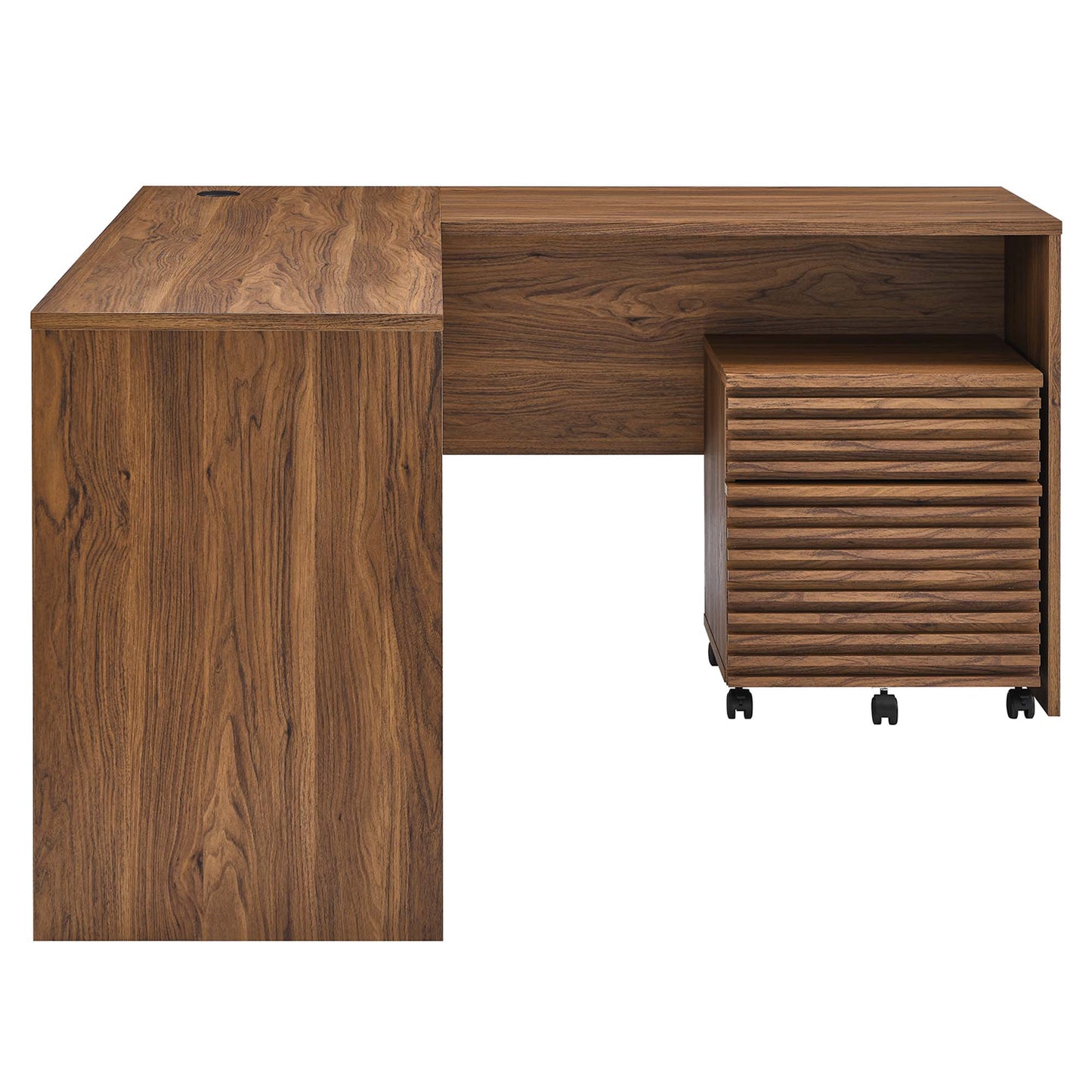 Walnut-finish wooden desk with a tall left cabinet, central work surface, and a slatted rolling storage cabinet on casters.