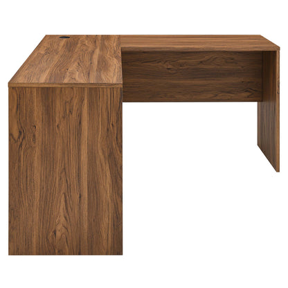 Walnut-finish L-shaped desk and file cabinet set with left storage cabinet, right knee space, wood grain surface and top cable hole.