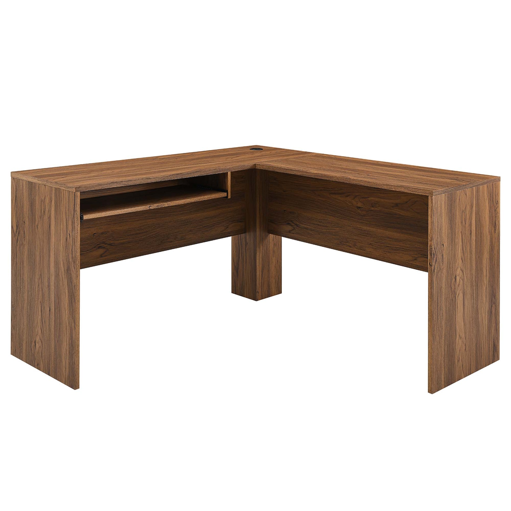 Walnut L-shaped desk with open shelf on the left and accompanying file cabinet, corner workstation.