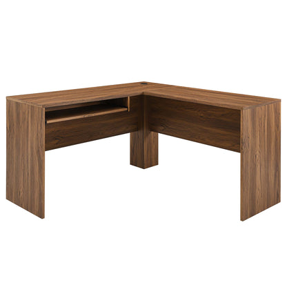 Walnut L-shaped desk with open shelf on the left and accompanying file cabinet, corner workstation.